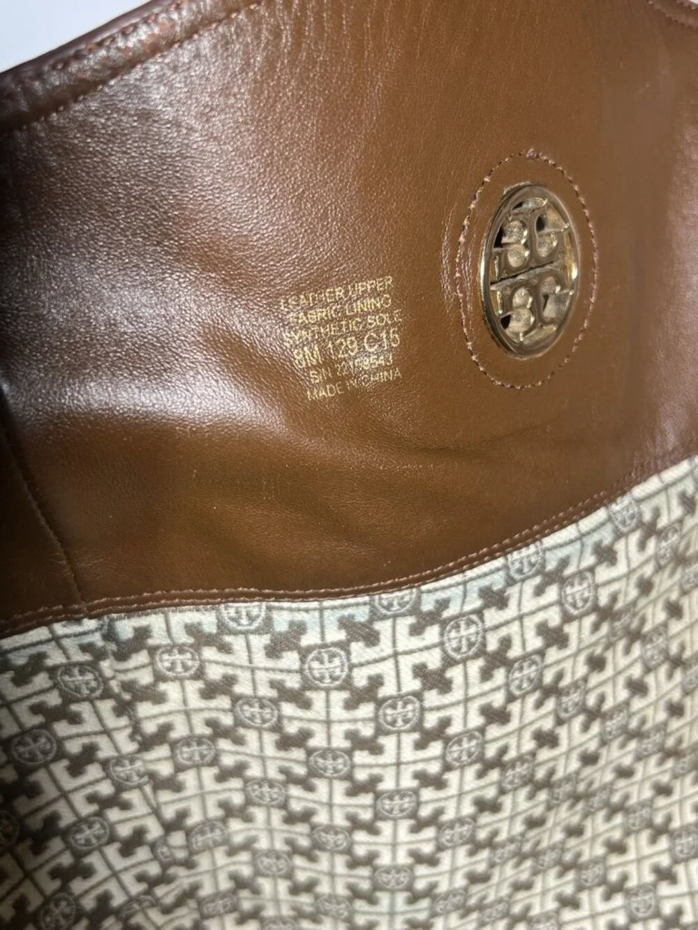 Tory Burch Junction Brown Pebbled Leather Riding Boots Size 8M Gold Logo